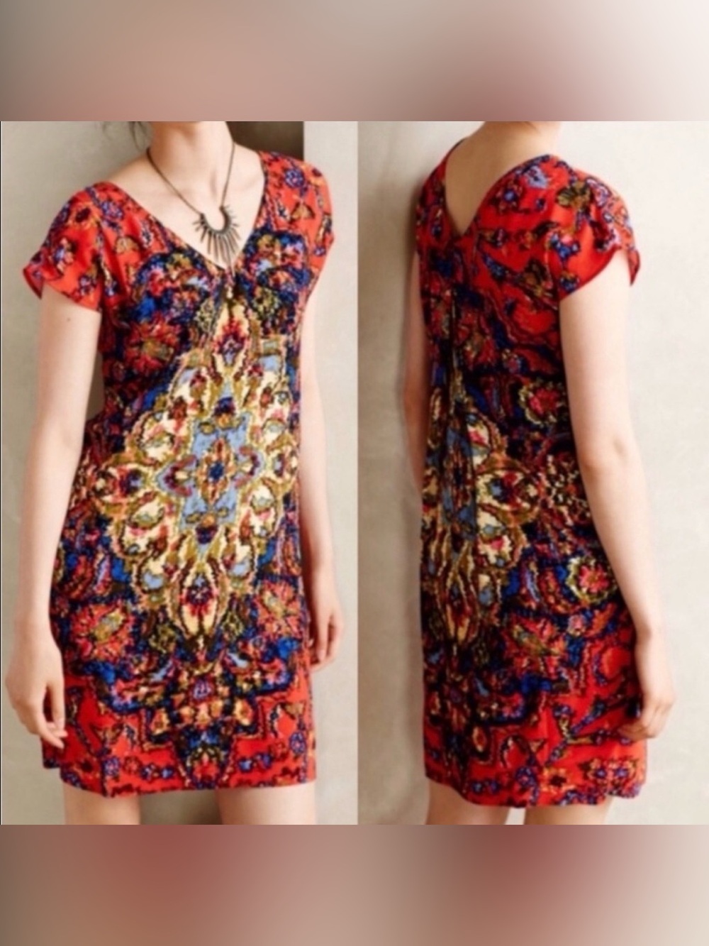 Anthro Maeve Medallion Printed V-Neck Mini Shift Dress Red Small